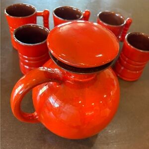 Frankoma Vase Mid Century Pottery Flame Red Water Pitcher Jug Lid Vintage 6 Mugs